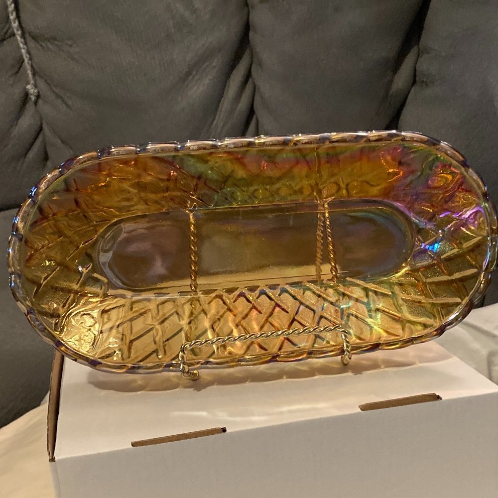 VTG 1960's Indiana Glass-Pretzel Amber Carnival Glass-Appetizer-Cracker Tray-EUC